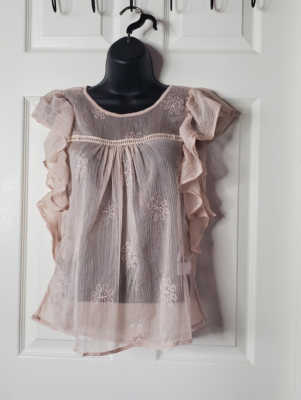 Allie Rose babydoll blouse ruffles floral embroidery soft pink Boho Beachy Fairy
